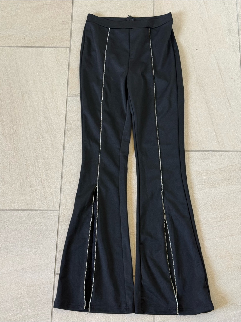 Black Split-Hem Flared Pants with Rhinestone Stitching - Picture 5 of 5